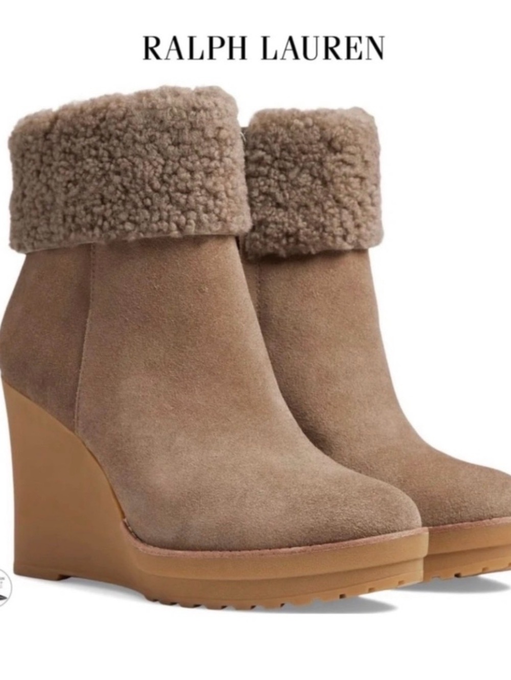 Lauren Ralph Lauren Taupe Suede Shearling Cuff Wedge Booties